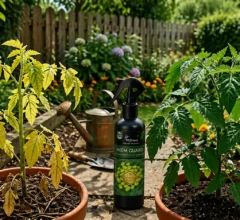 Two potted tomato plants showing contrast between unhealthy yellow leaves and healthy green growth, with a neem-based plant protection spray bottle placed in the center of a garden.