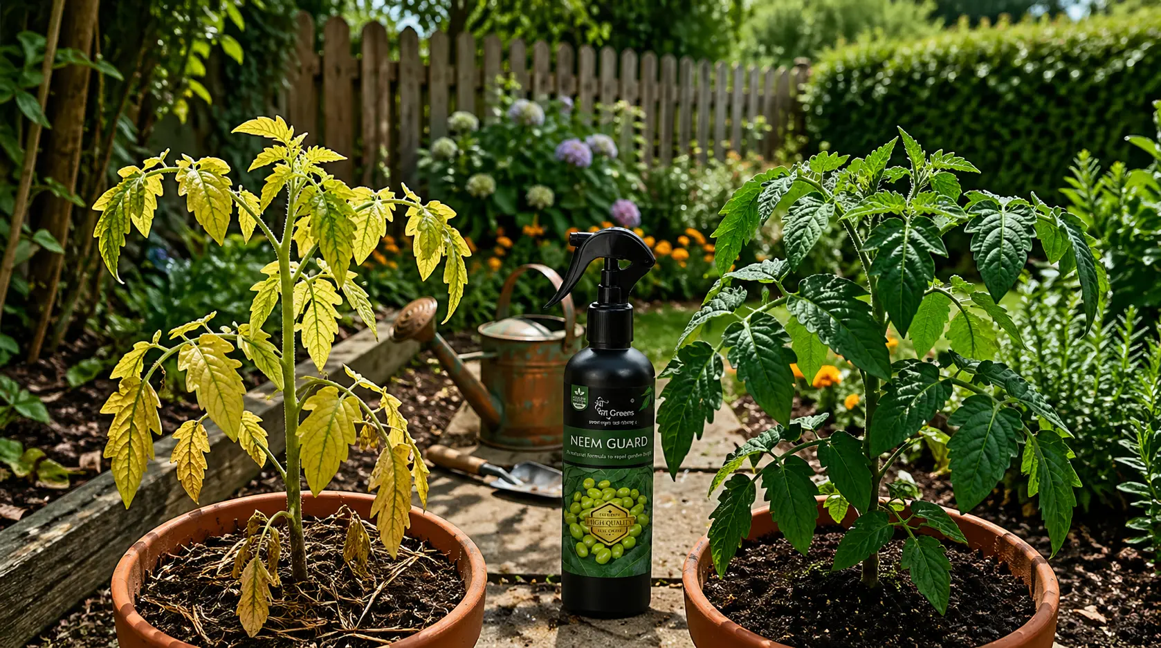 Two potted tomato plants showing contrast between unhealthy yellow leaves and healthy green growth, with a neem-based plant protection spray bottle placed in the center of a garden.