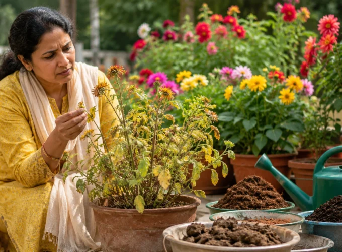 Woman inspecting a yellowing potted flowering plant and applying natural fertilizer in a colorful home garden.