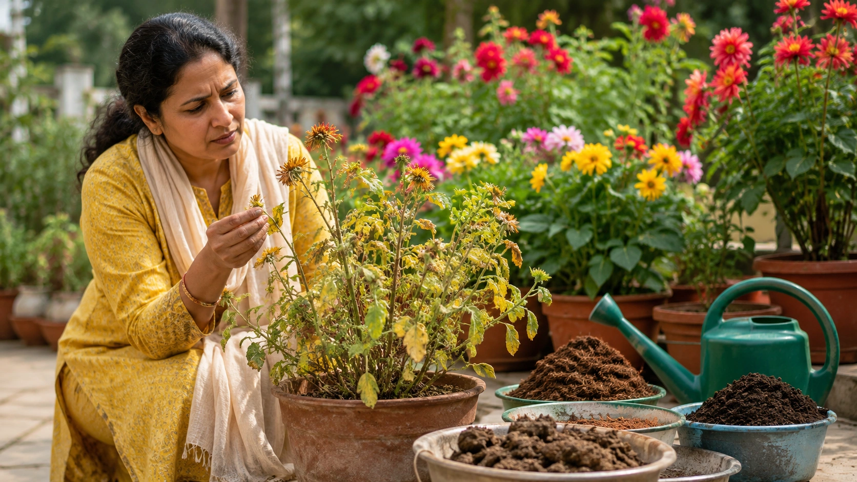 Woman inspecting a yellowing potted flowering plant and applying natural fertilizer in a colorful home garden.