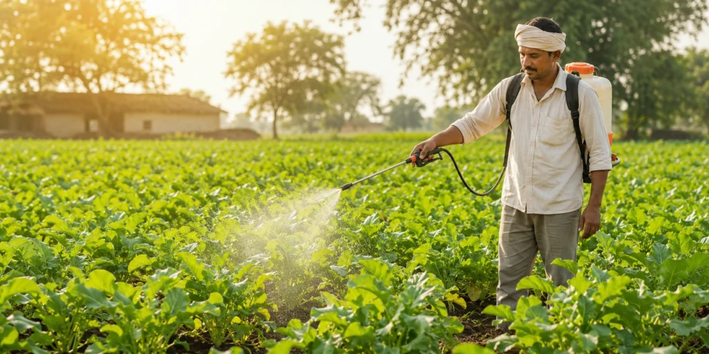 Indian farmer spraying growth promoters on healthy green vegetable crops in a lush agricultural field during morning sunlight, promoting vigorous plant growth and improved crop health.