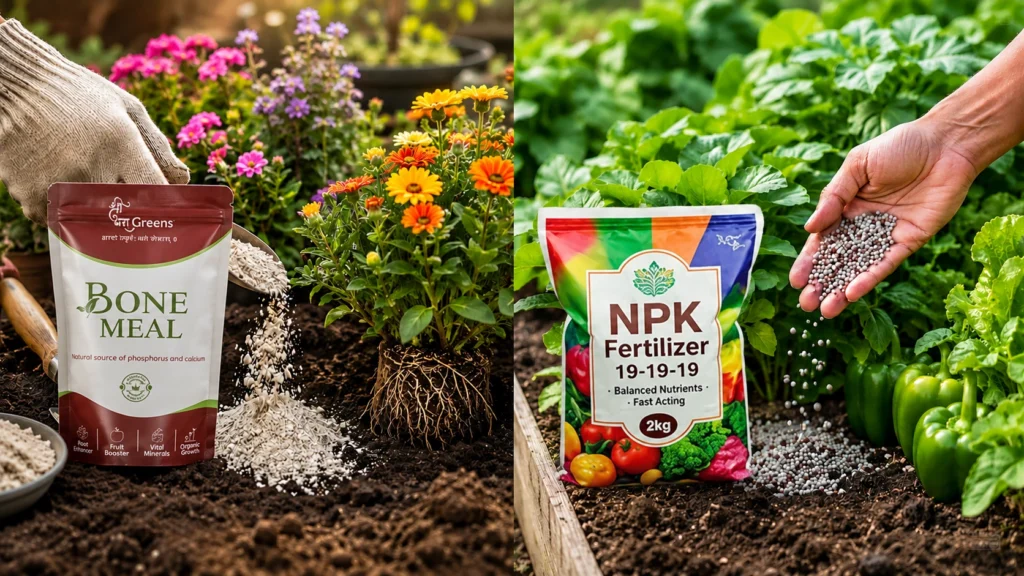 Fertilizer comparison showing bone meal and NPK fertilizer being applied to flowering and vegetable plants for improved growth and nutrition.