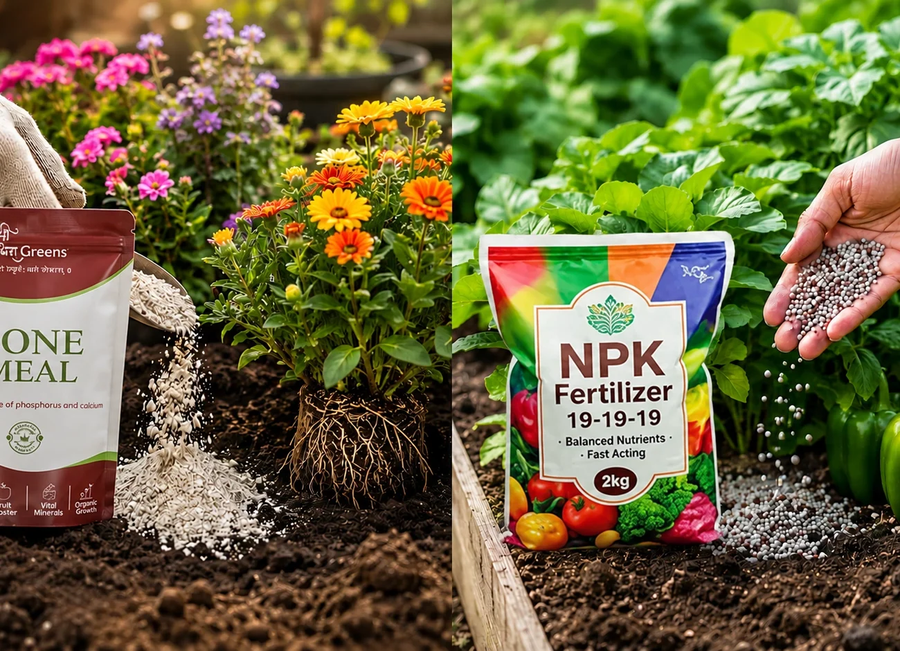Fertilizer comparison showing bone meal and NPK fertilizer being applied to flowering and vegetable plants for improved growth and nutrition.