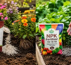 Fertilizer comparison showing bone meal and NPK fertilizer being applied to flowering and vegetable plants for improved growth and nutrition.