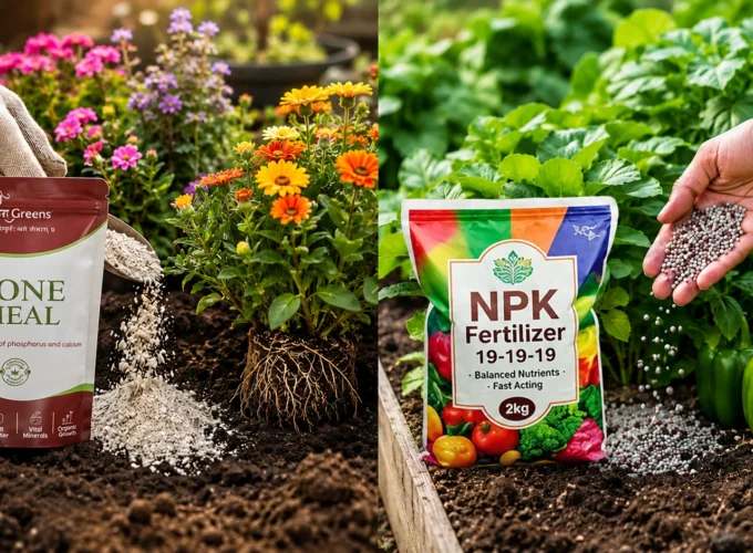 Fertilizer comparison showing bone meal and NPK fertilizer being applied to flowering and vegetable plants for improved growth and nutrition.