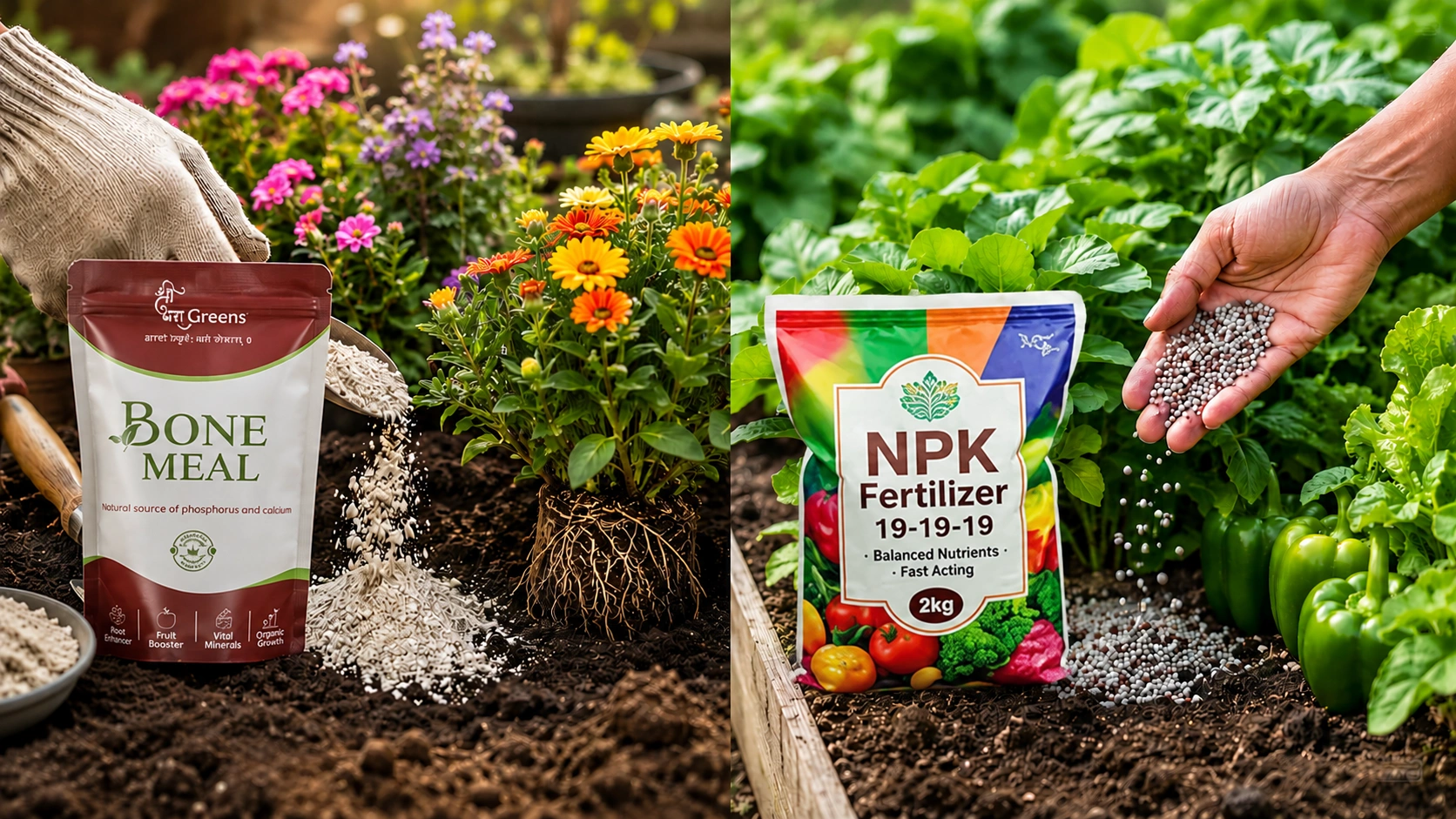 Fertilizer comparison showing bone meal and NPK fertilizer being applied to flowering and vegetable plants for improved growth and nutrition.