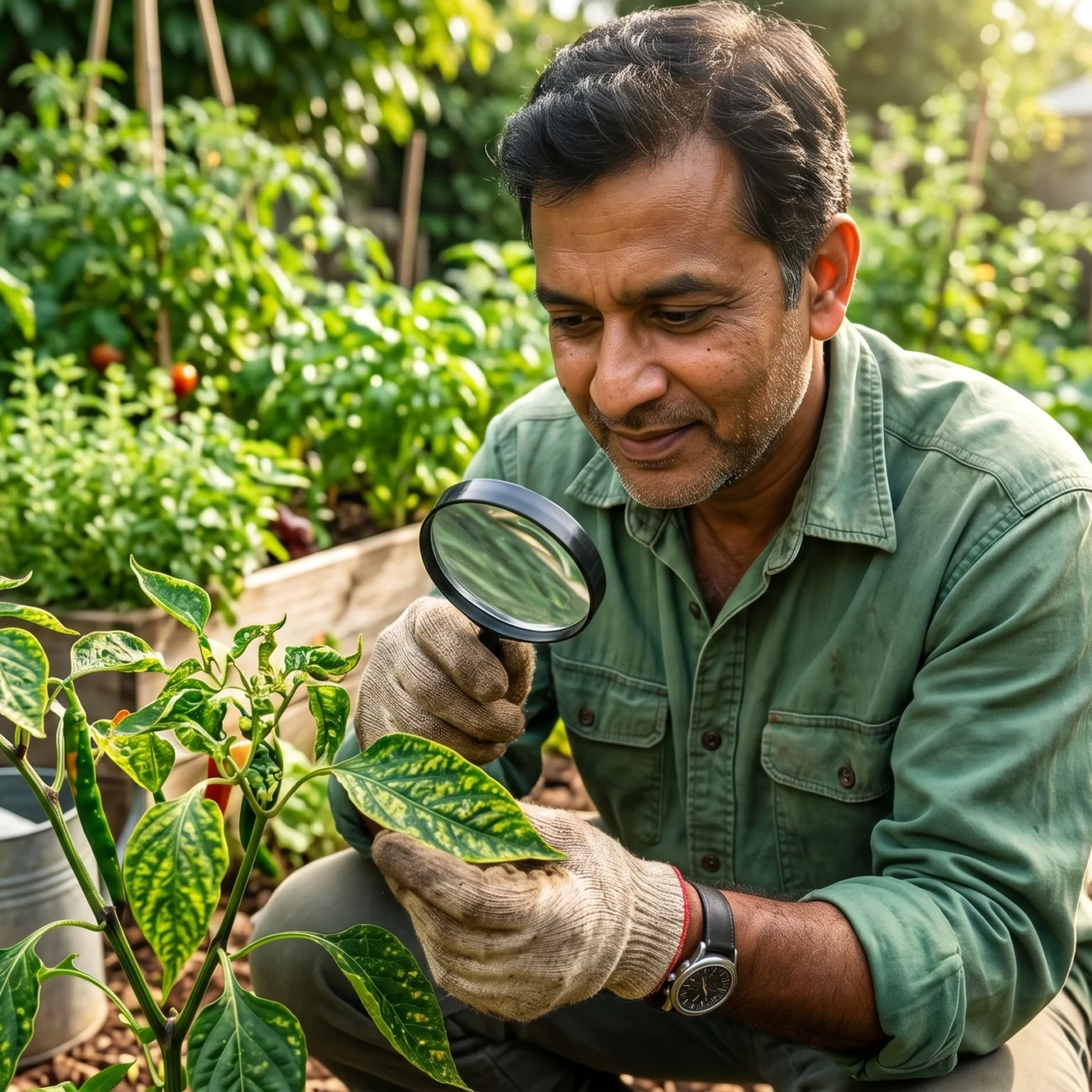 Gardener closely examining pepper plant leaves showing yellow mosaic patterns and symptoms of Plant Viruses in a home vegetable garden.