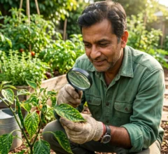 Gardener closely examining pepper plant leaves showing yellow mosaic patterns and symptoms of Plant Viruses in a home vegetable garden.