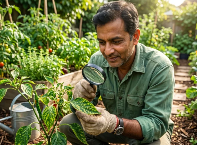 Gardener closely examining pepper plant leaves showing yellow mosaic patterns and symptoms of Plant Viruses in a home vegetable garden.