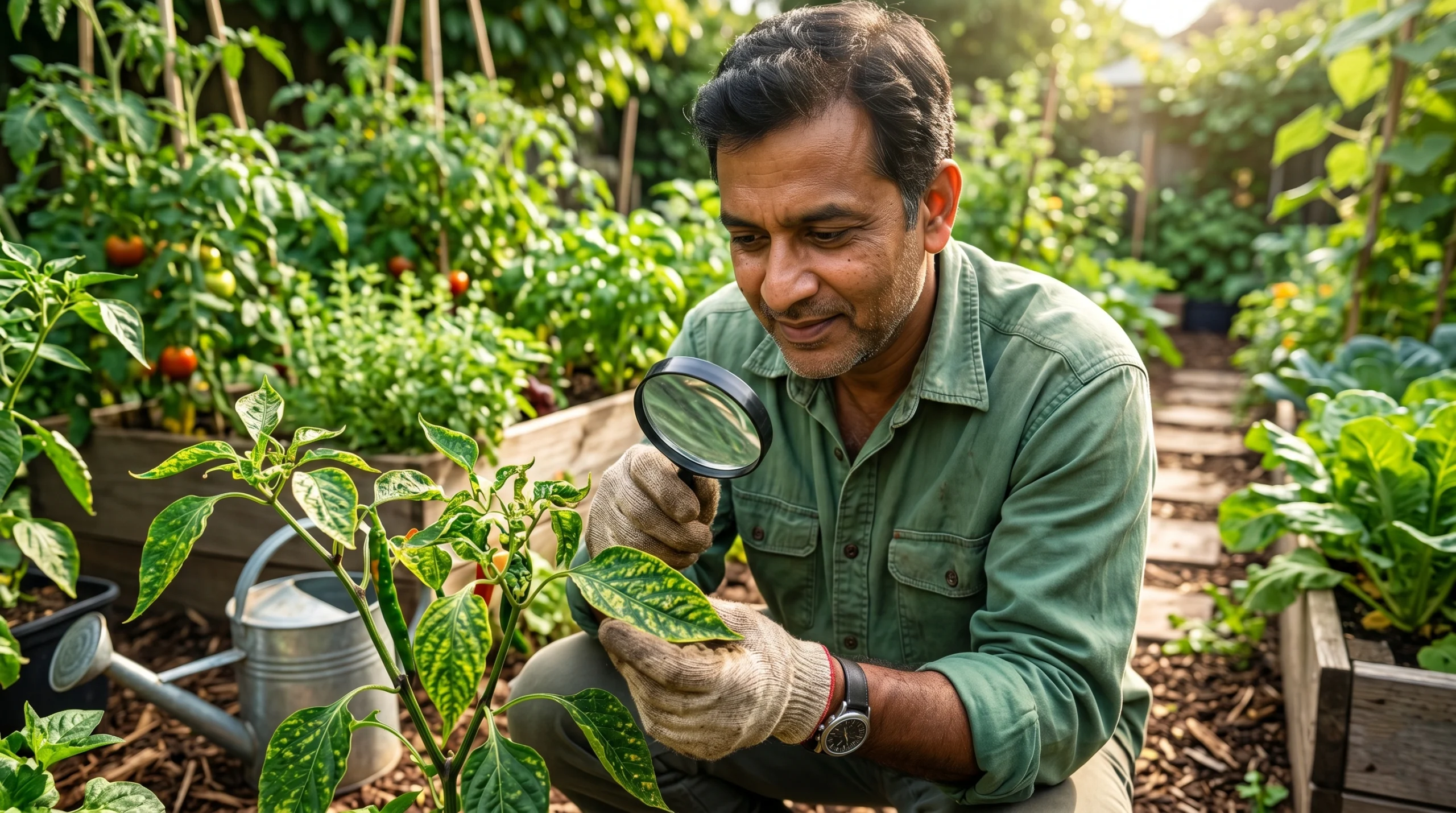Gardener closely examining pepper plant leaves showing yellow mosaic patterns and symptoms of Plant Viruses in a home vegetable garden.