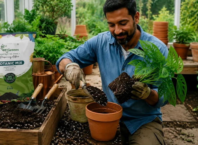 Gardener repotting a houseplant using fresh growing media and potting mix in a greenhouse to promote healthy plant growth.