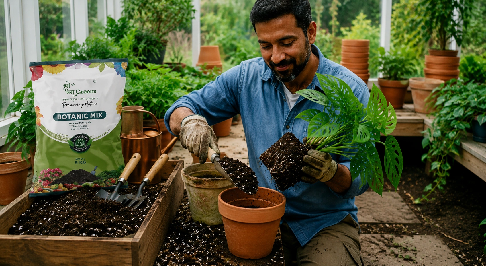 Gardener repotting a houseplant using fresh growing media and potting mix in a greenhouse to promote healthy plant growth.