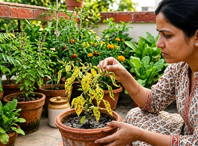 Indian gardener inspecting a plant showing yellow mottled leaves, curling foliage, and viral infection symptoms in a home container garden.