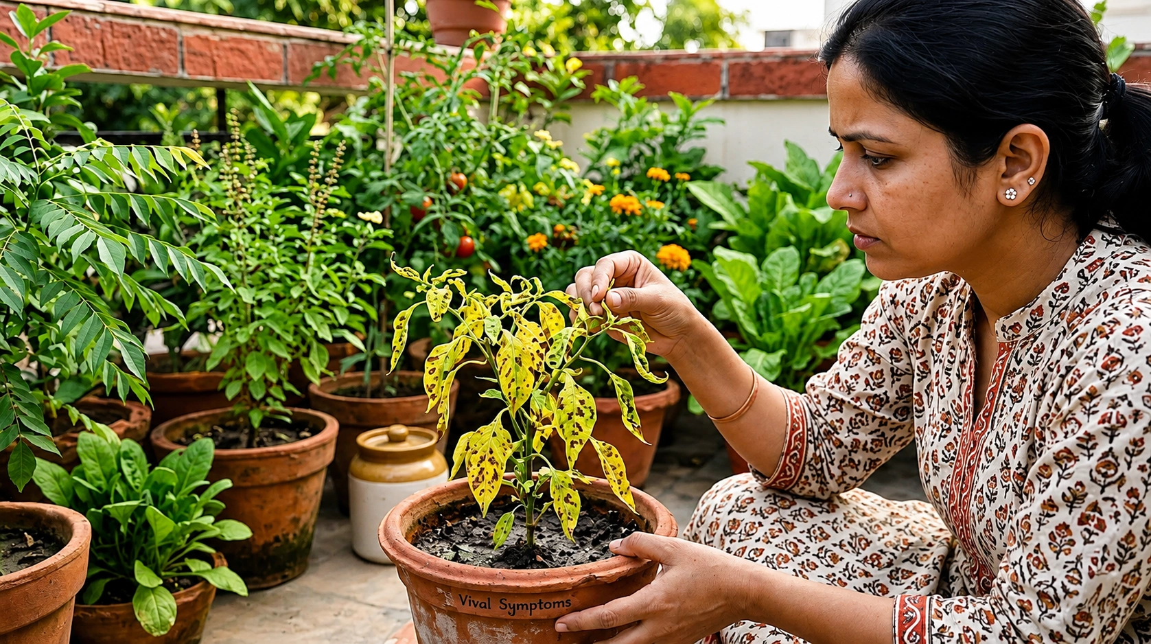 Indian gardener inspecting a plant showing yellow mottled leaves, curling foliage, and viral infection symptoms in a home container garden.