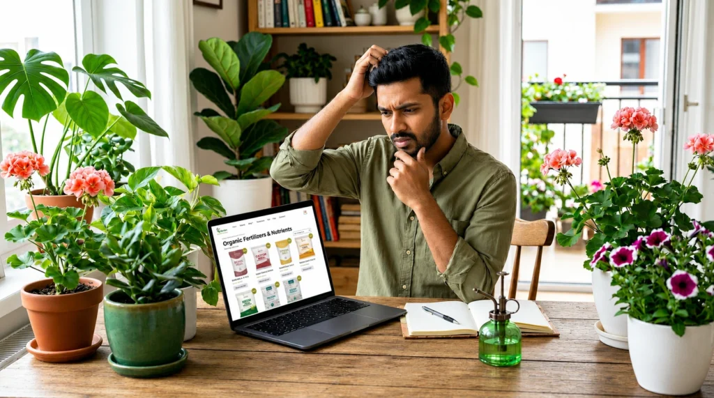 Home gardener comparing Fertilizers Online on a laptop while selecting the right nutrients for indoor plants.