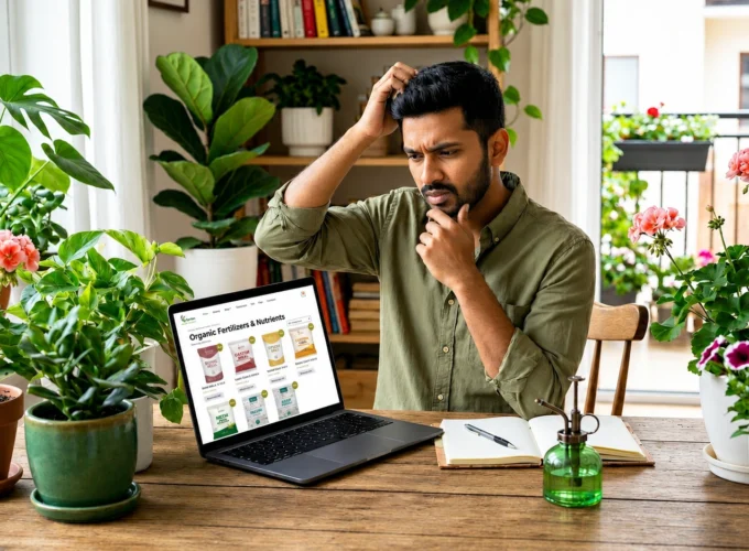 Home gardener comparing Fertilizers Online on a laptop while selecting the right nutrients for indoor plants.