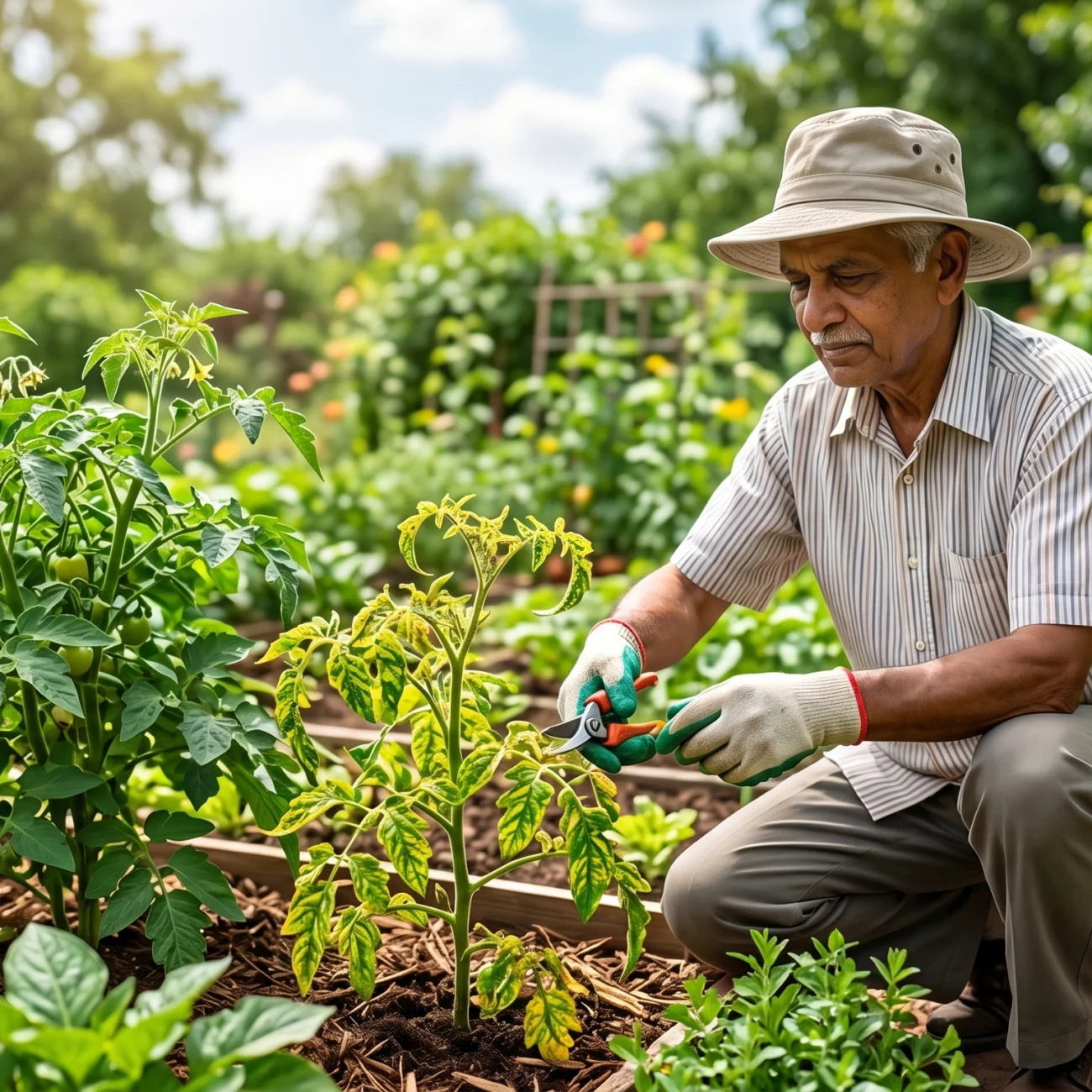 Gardener pruning a tomato plant showing yellowing and distorted leaves caused by viral diseases in a home garden.