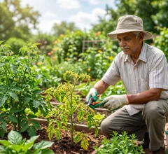 Gardener pruning a tomato plant showing yellowing and distorted leaves caused by viral diseases in a home garden.