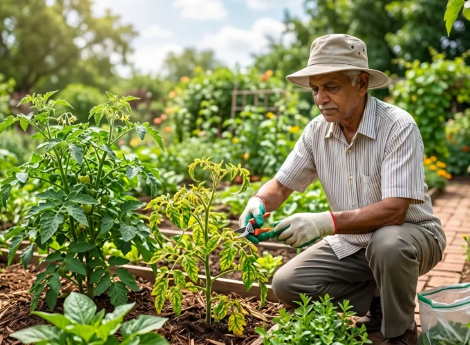 Gardener pruning a tomato plant showing yellowing and distorted leaves caused by viral diseases in a home garden.
