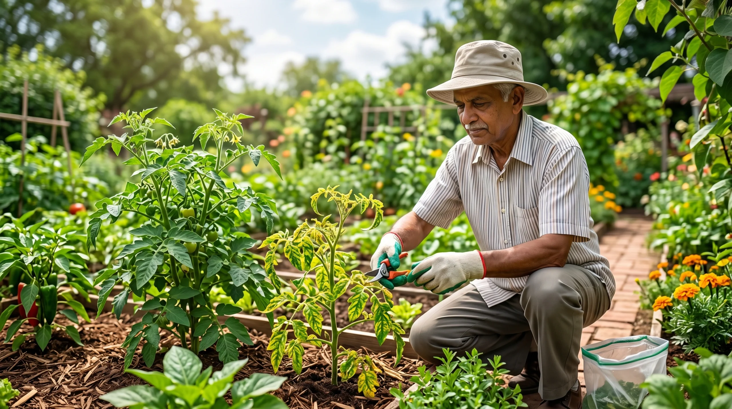 Gardener pruning a tomato plant showing yellowing and distorted leaves caused by viral diseases in a home garden.