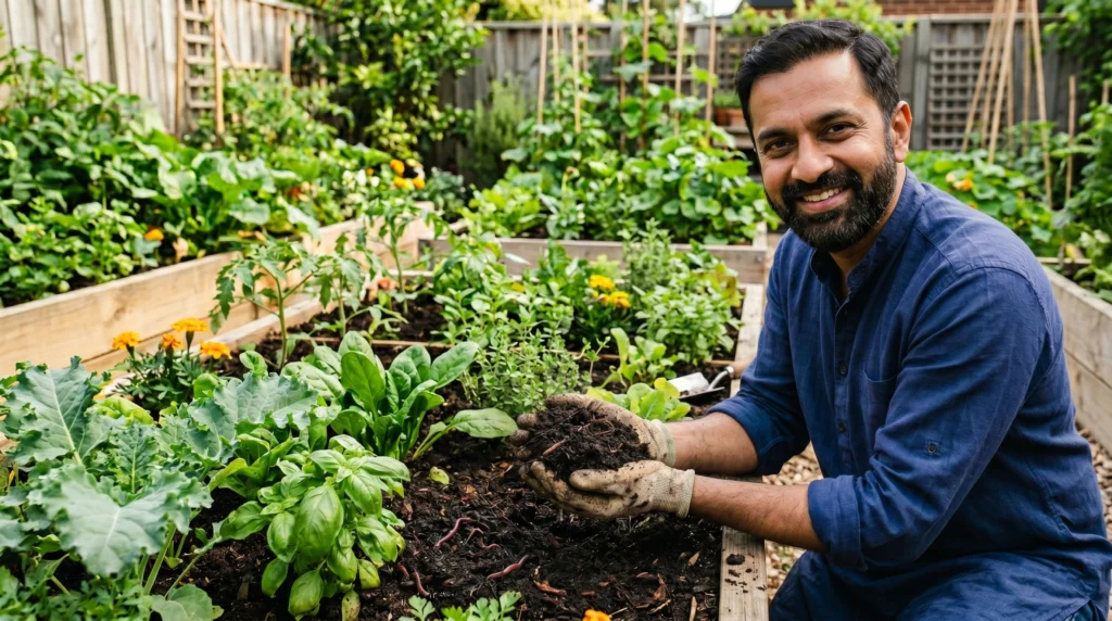 Vermicompost manufacturer holding nutrient-rich vermicompost with earthworms in a thriving organic vegetable garden.