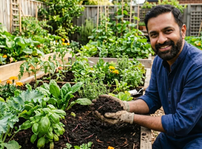 Vermicompost manufacturer holding nutrient-rich vermicompost with earthworms in a thriving organic vegetable garden.