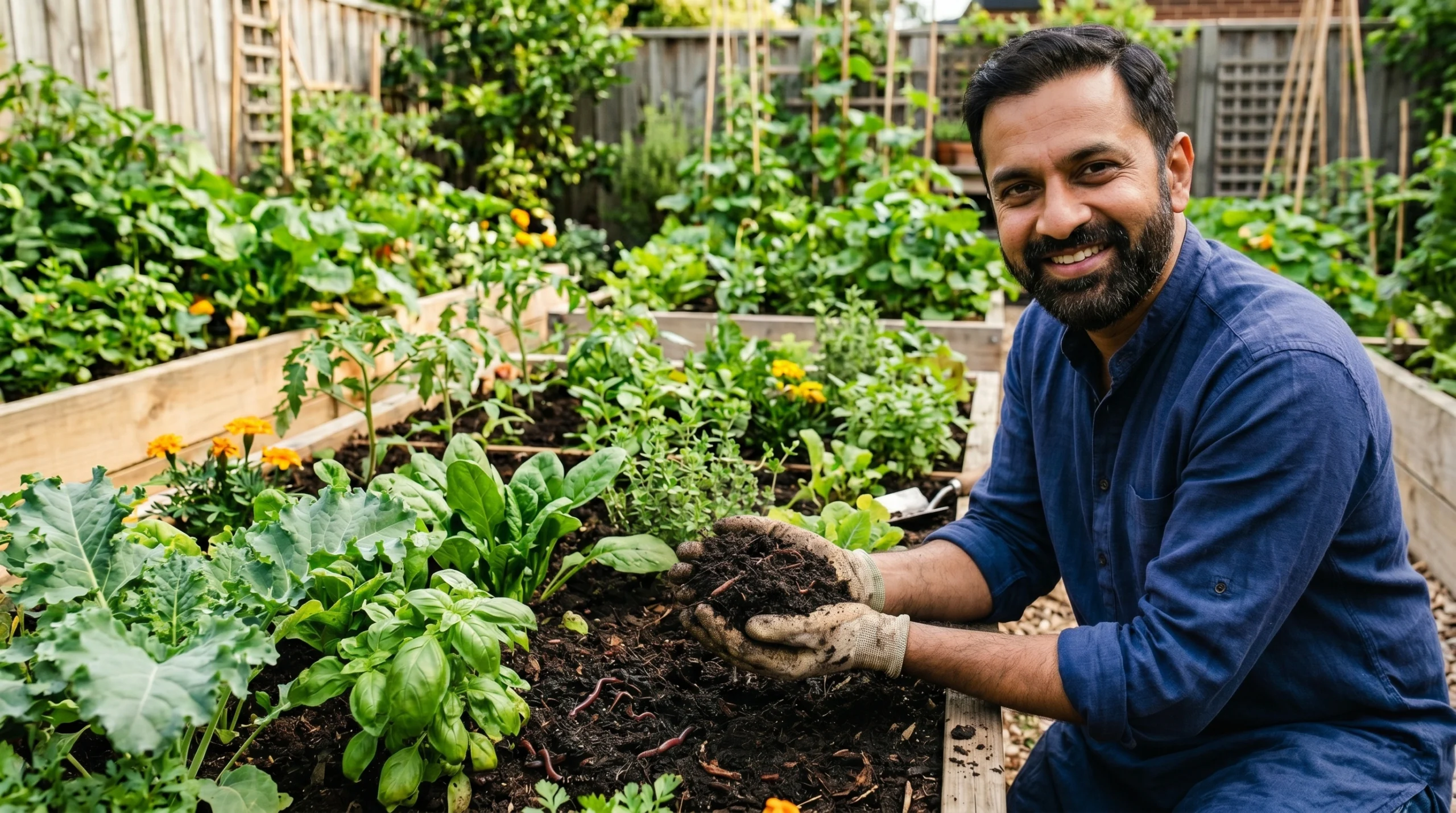 Vermicompost manufacturer holding nutrient-rich vermicompost with earthworms in a thriving organic vegetable garden.
