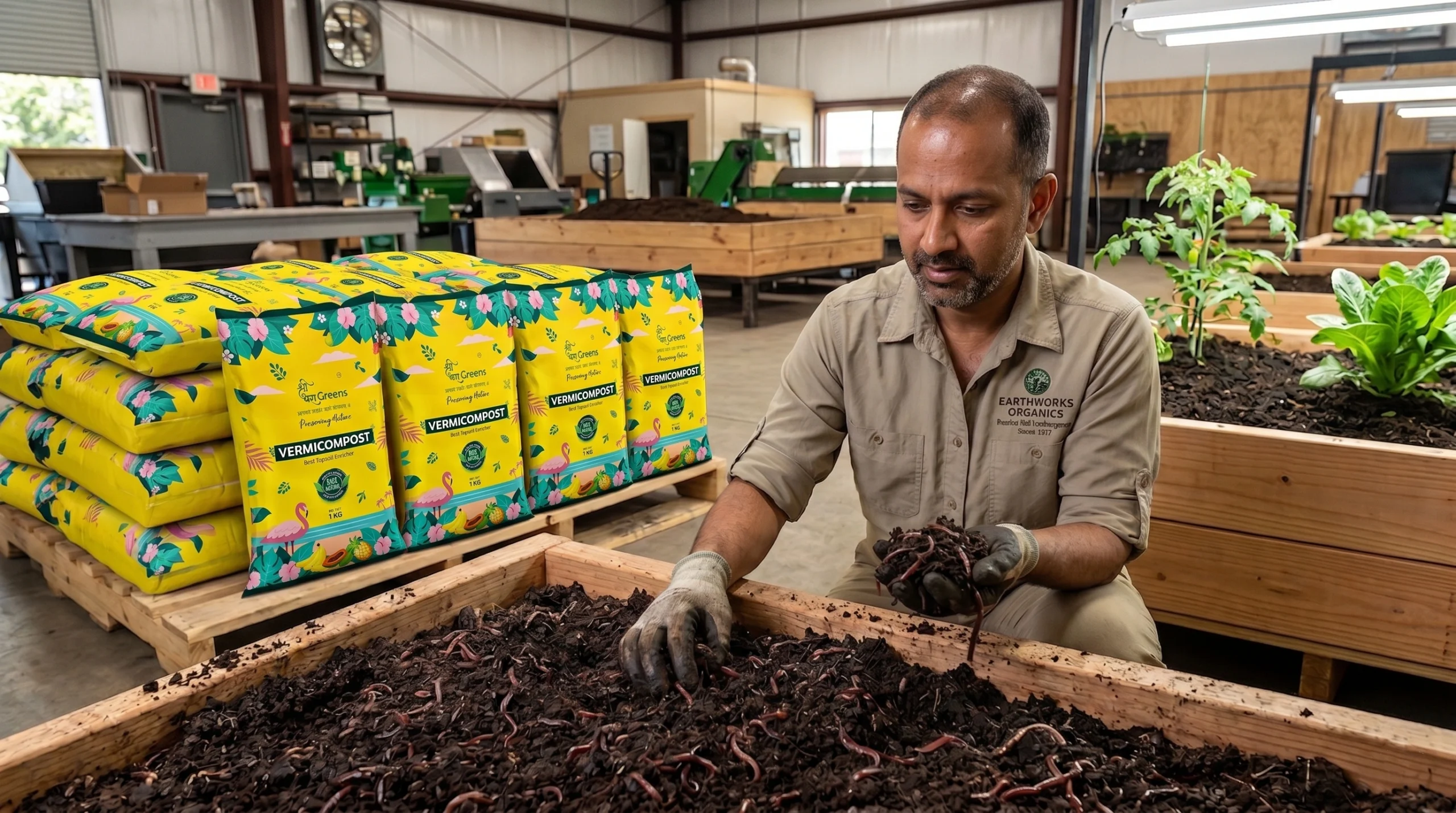 Vermicompost manufacturer inspecting high-quality vermicompost with earthworms in a production facility and packaged vermicompost bags for home gardening.