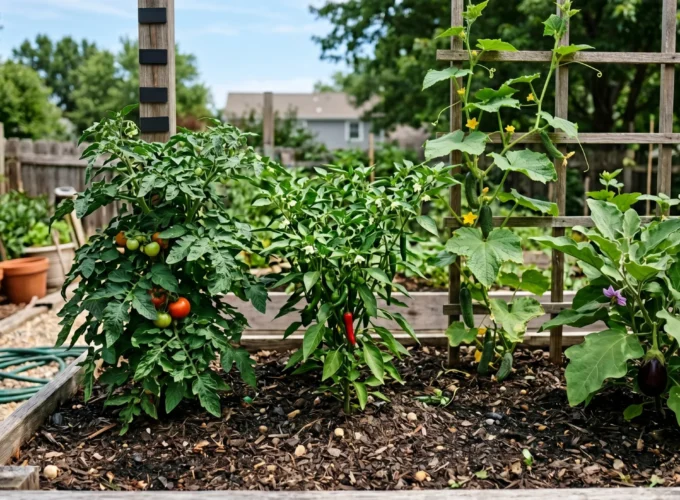 Healthy vegetable garden with tomato, chilli, cucumber, and brinjal plants growing in a raised bed and producing fruits.
