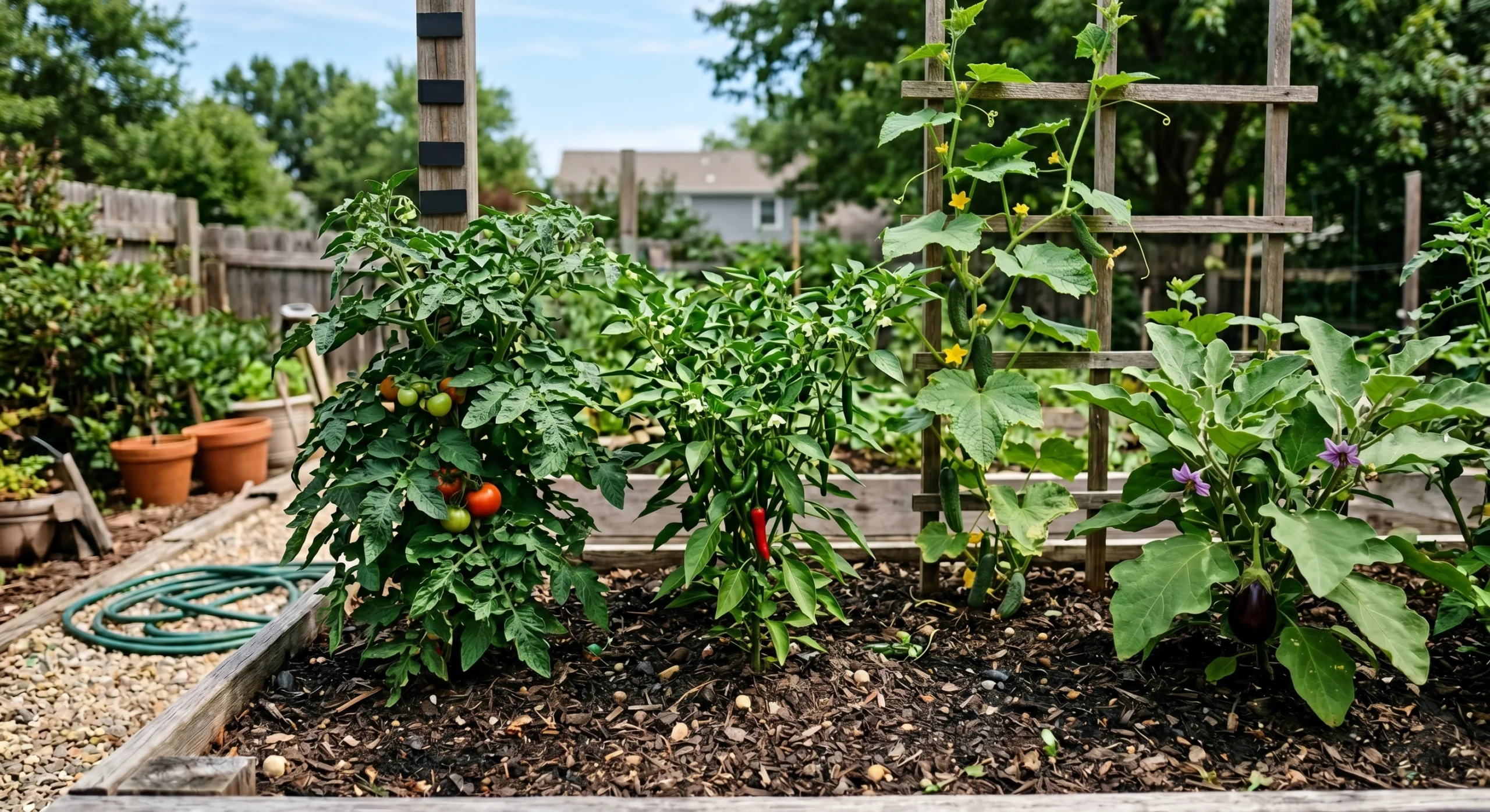 Healthy vegetable garden with tomato, chilli, cucumber, and brinjal plants growing in a raised bed and producing fruits.