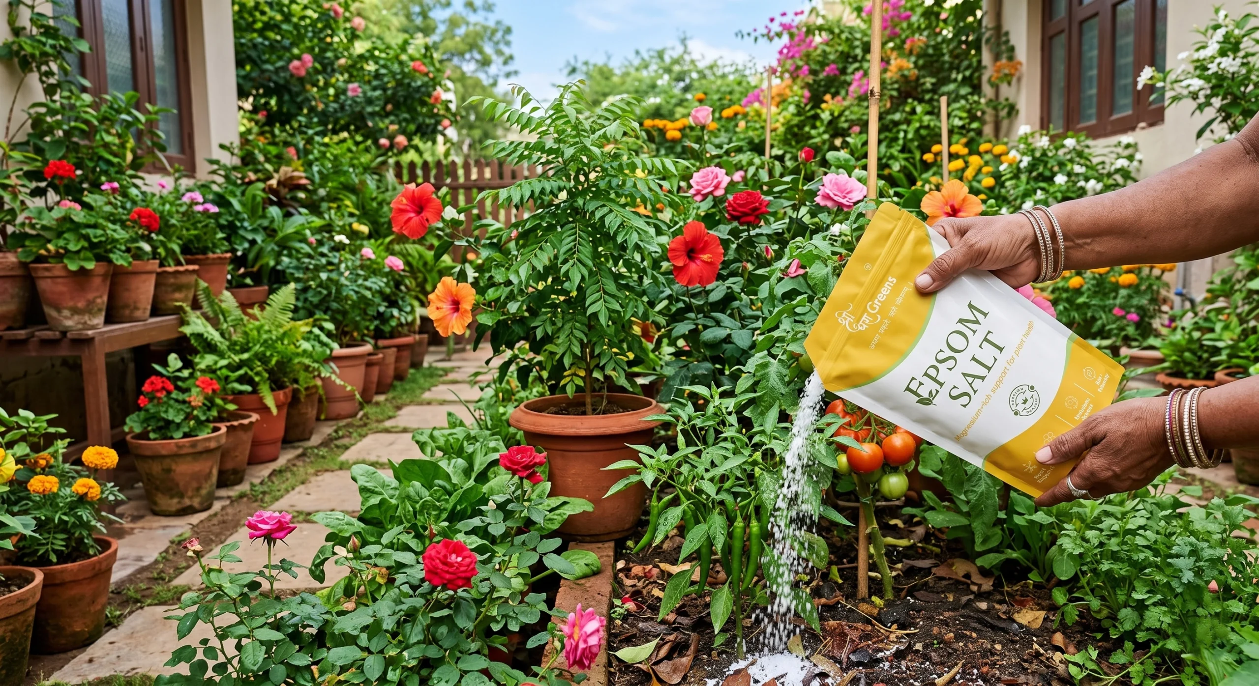 Gardener applying Epsom salt to flowering and vegetable plants in a lush home garden with roses, hibiscus, tomatoes, and potted plants.
