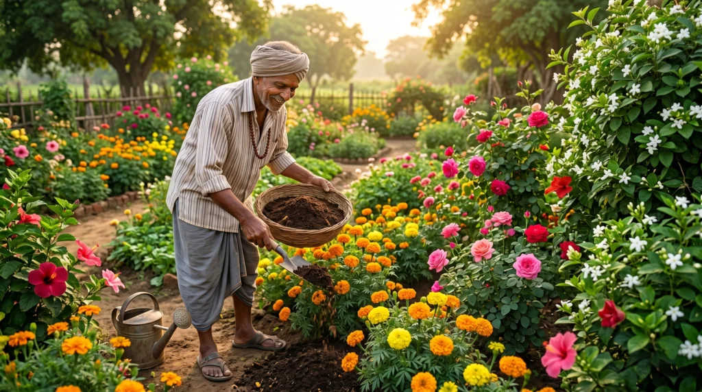 Flowers Naturally – Indian gardener adding organic compost to flowering plants to promote healthy growth and abundant natural blooms in a colorful garden.