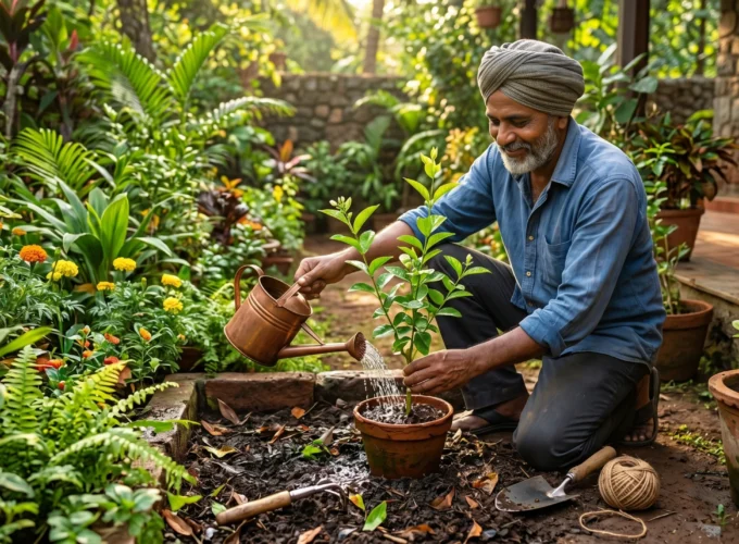 Gardener watering a newly transplanted potted plant in a lush garden to help plants recover after transplant shock and encourage healthy growth.