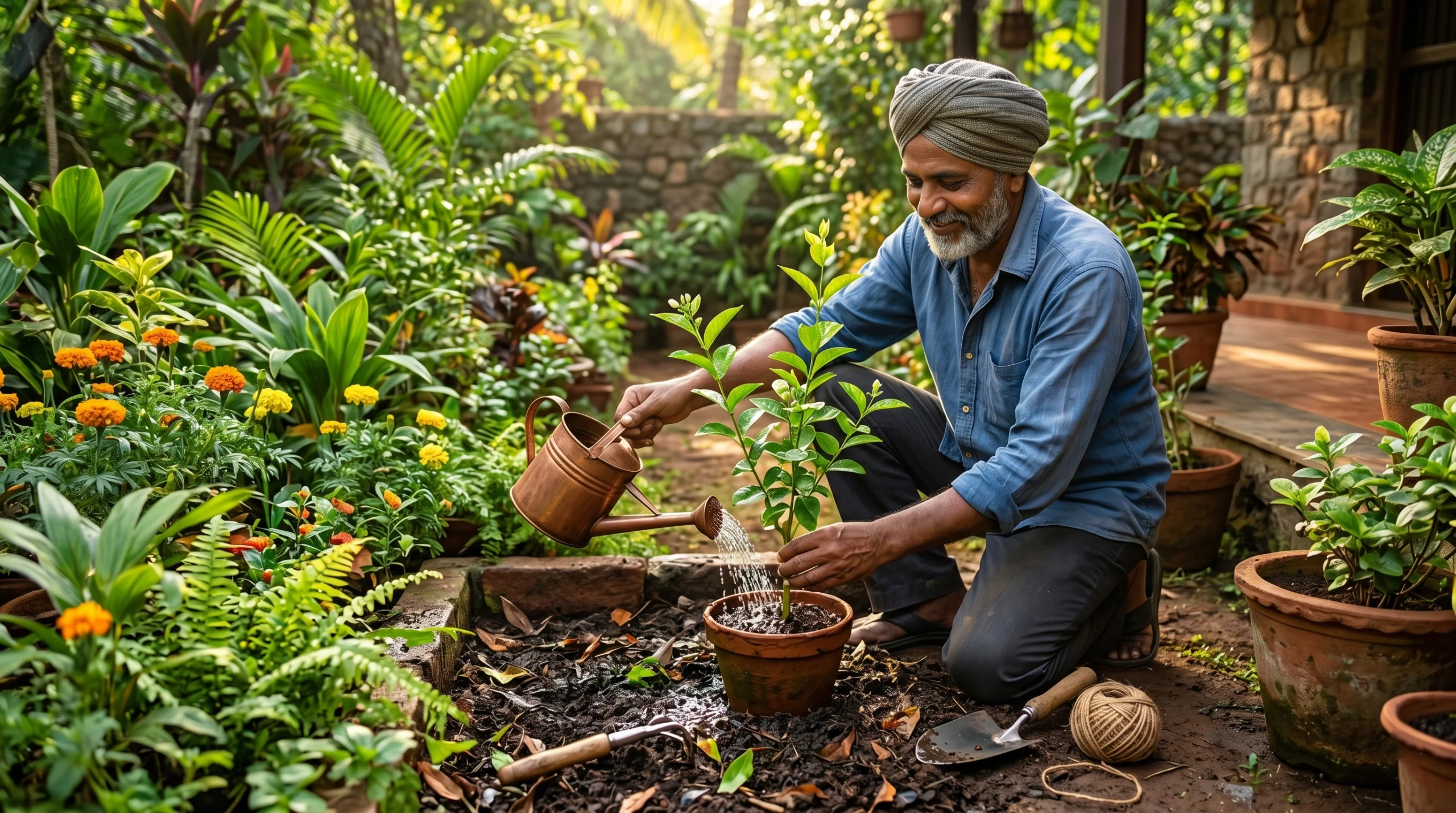 Gardener watering a newly transplanted potted plant in a lush garden to help plants recover after transplant shock and encourage healthy growth.