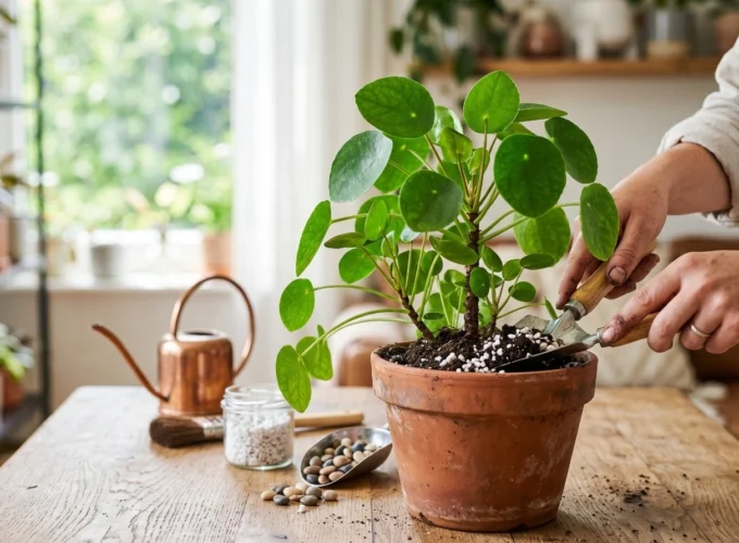 Person improving drainage without repotting by adding perlite and loosening soil in a healthy potted indoor plant.