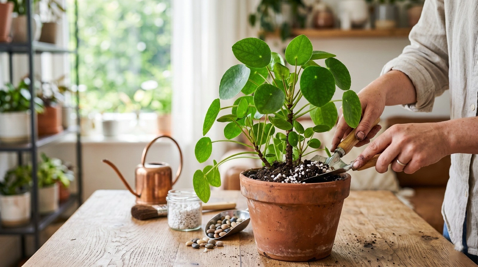 Person improving drainage without repotting by adding perlite and loosening soil in a healthy potted indoor plant.