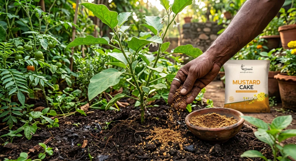 Gardener applying mustard cake powder around a healthy vegetable plant in a lush Indian home garden to naturally improve soil fertility and promote plant growth.
