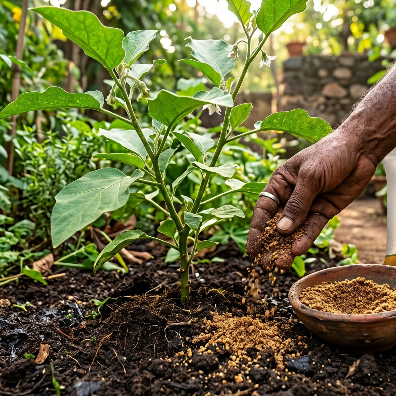 Gardener applying mustard cake powder around a healthy vegetable plant in a lush Indian home garden to naturally improve soil fertility and promote plant growth.