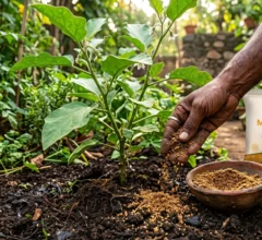 Gardener applying mustard cake powder around a healthy vegetable plant in a lush Indian home garden to naturally improve soil fertility and promote plant growth.