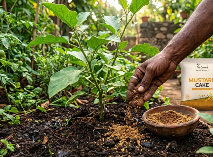 Gardener applying mustard cake powder around a healthy vegetable plant in a lush Indian home garden to naturally improve soil fertility and promote plant growth.