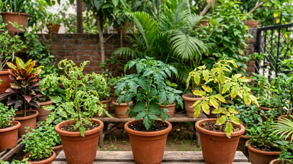 Nutrient Deficiency comparison showing healthy, nutrient-deficient, and virus-affected potted tomato plants in a home garden