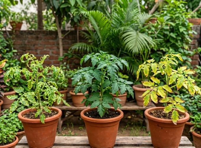Nutrient Deficiency comparison showing healthy, nutrient-deficient, and virus-affected potted tomato plants in a home garden