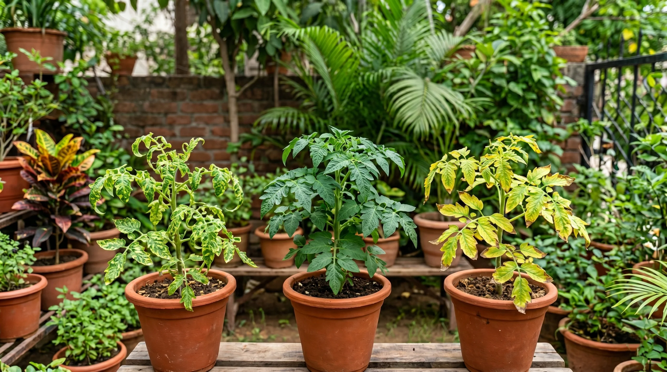 Nutrient Deficiency comparison showing healthy, nutrient-deficient, and virus-affected potted tomato plants in a home garden