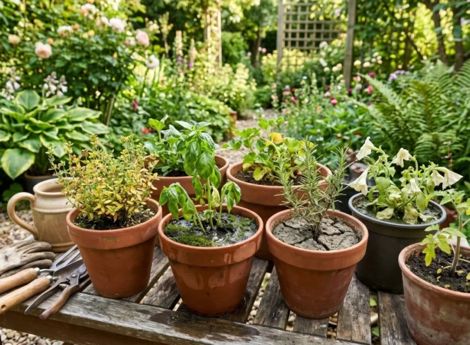 Potted plants showing signs of stress, wilting leaves, poor growth, and dry cracked soil due to unsuitable Growing Media in a home garden.
