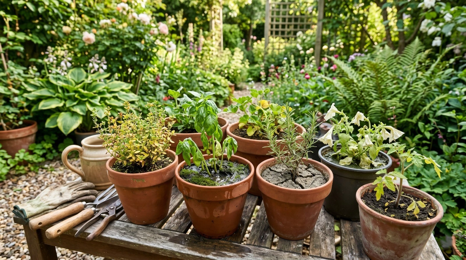 Potted plants showing signs of stress, wilting leaves, poor growth, and dry cracked soil due to unsuitable Growing Media in a home garden.