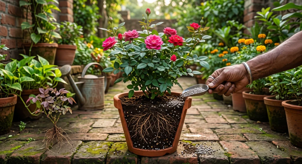 A gardener applying phosphorus fertilizer granules to a potted rose plant with a visible root cross-section, illustrating improved root development and flowering in a lush home garden.