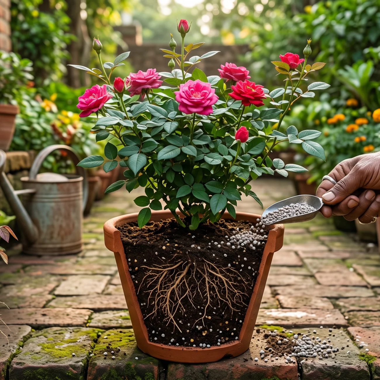 A gardener applying phosphorus fertilizer granules to a potted rose plant with a visible root cross-section, illustrating improved root development and flowering in a lush home garden.