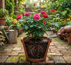 A gardener applying phosphorus fertilizer granules to a potted rose plant with a visible root cross-section, illustrating improved root development and flowering in a lush home garden.