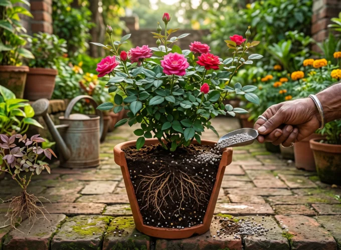 A gardener applying phosphorus fertilizer granules to a potted rose plant with a visible root cross-section, illustrating improved root development and flowering in a lush home garden.