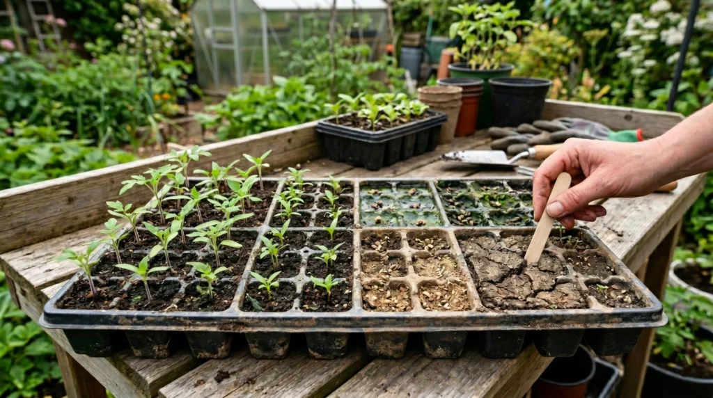 Seedling tray showing healthy and poorly germinated seeds caused by common growing media mistakes in a home garden.